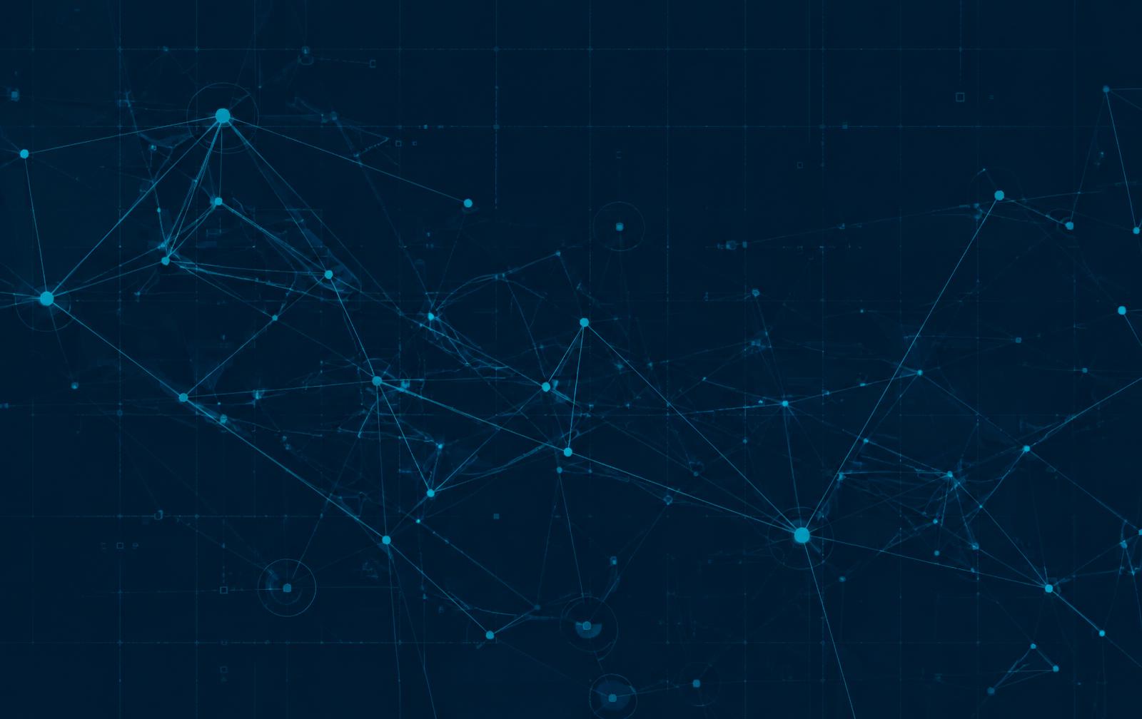 Abstract network of connected nodes on a dark blue grid