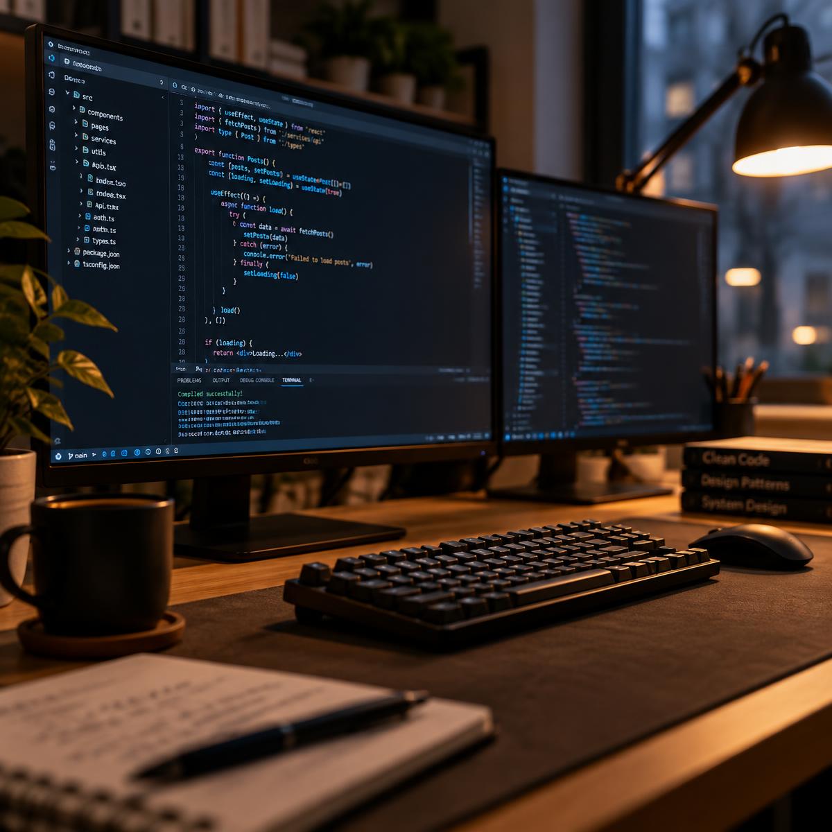 Developer workstation with code editor on two monitors